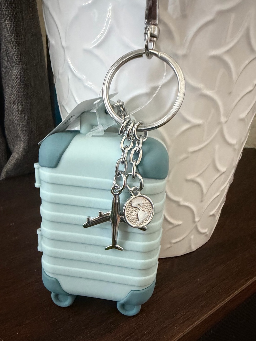 Travel Suitcase Keychain in Light Blue - hand sanitizer holder